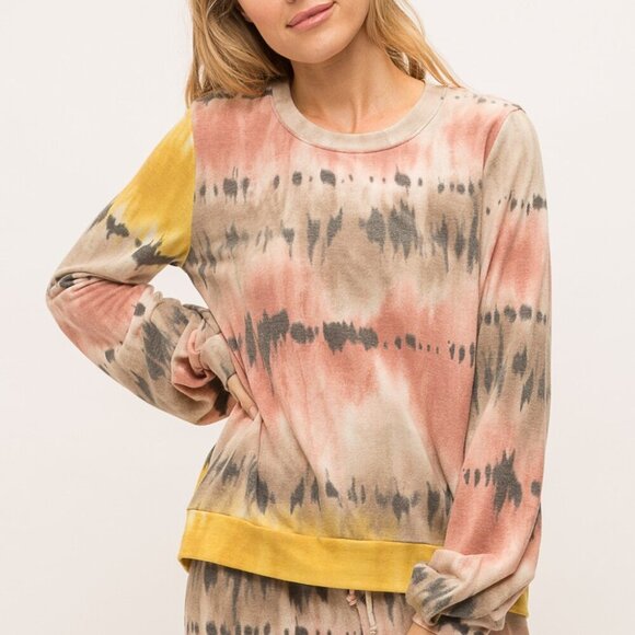 MYSTREE Boho Tie-Dye Long Sleeve Sweatshirt, Multicolor Pink Tan Yellow Pullover - Picture 1 of 8